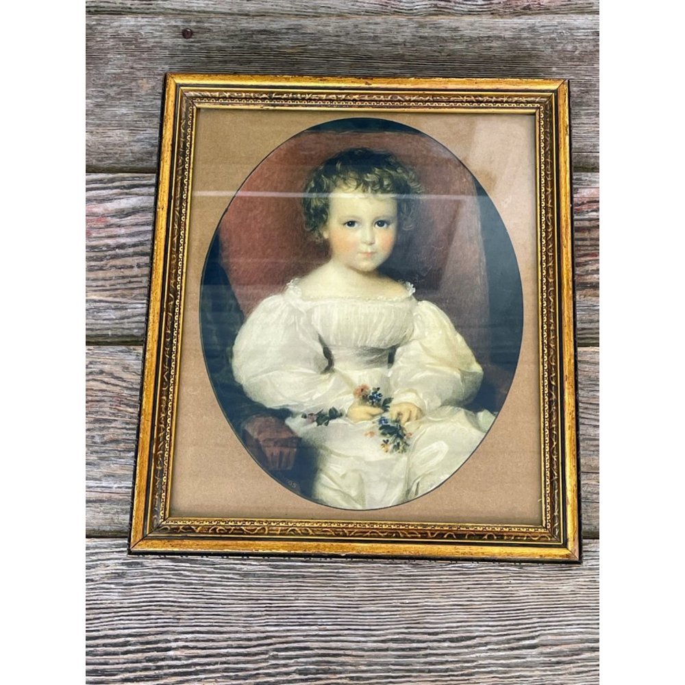 Vintage Art Deco Victorian Little Girl Print Gold Frame